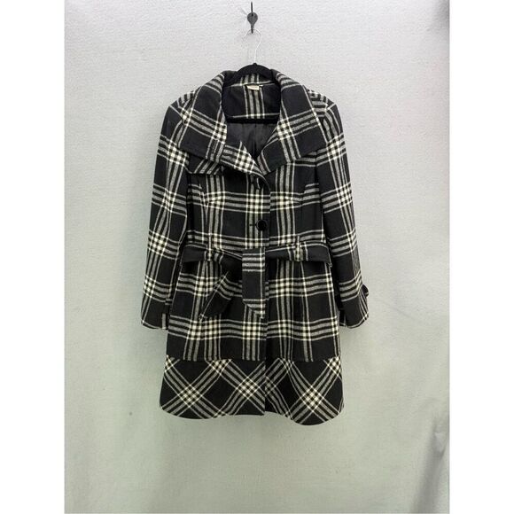 Georgiou Studio Womens Black White Plaid Long Wool Blend Pea Coat Jacket Size 12 - Picture 10 of 10